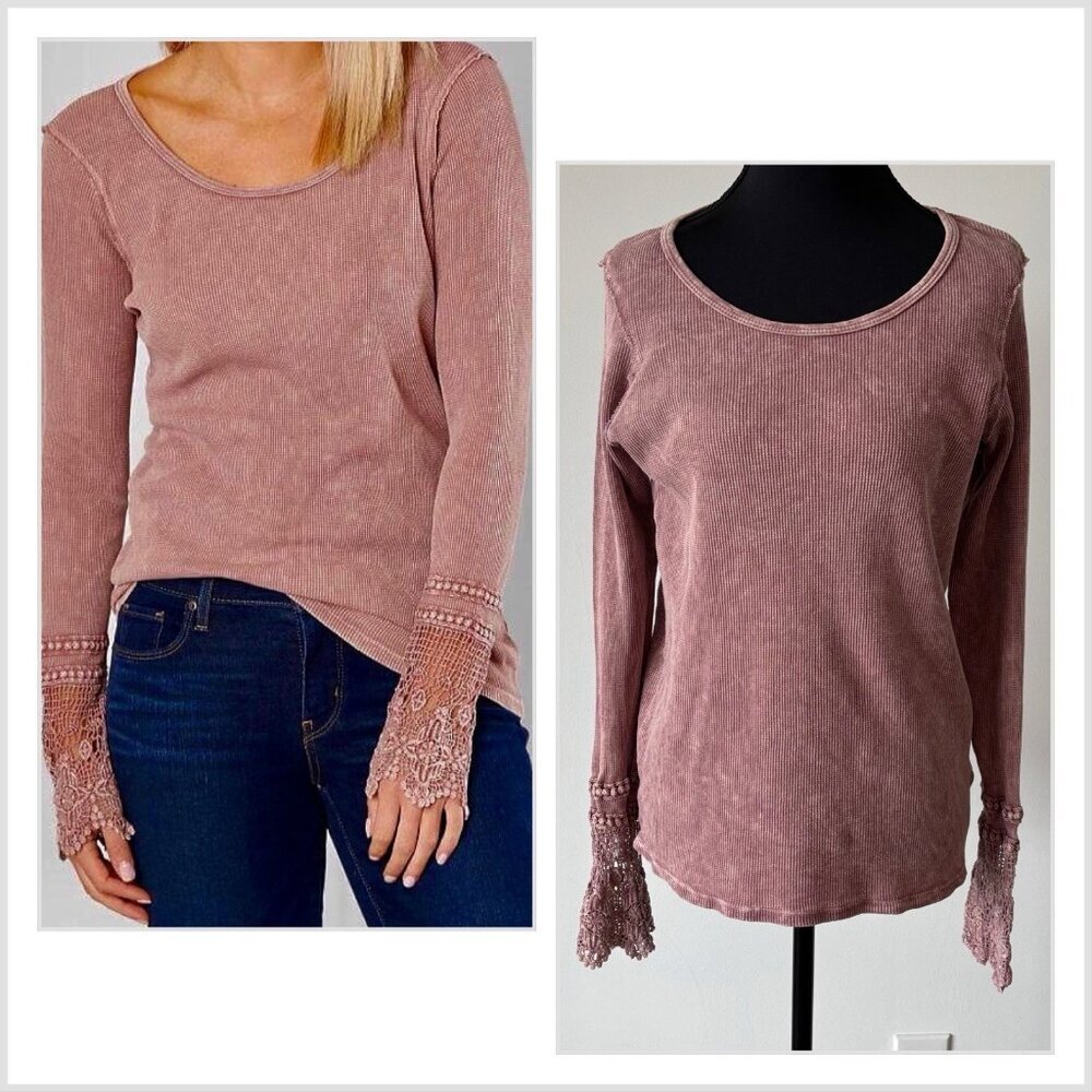 BKE Long Sleeve Embroidered Cuffs Thermal Top L Boho Elena Gilbert Bella Swan